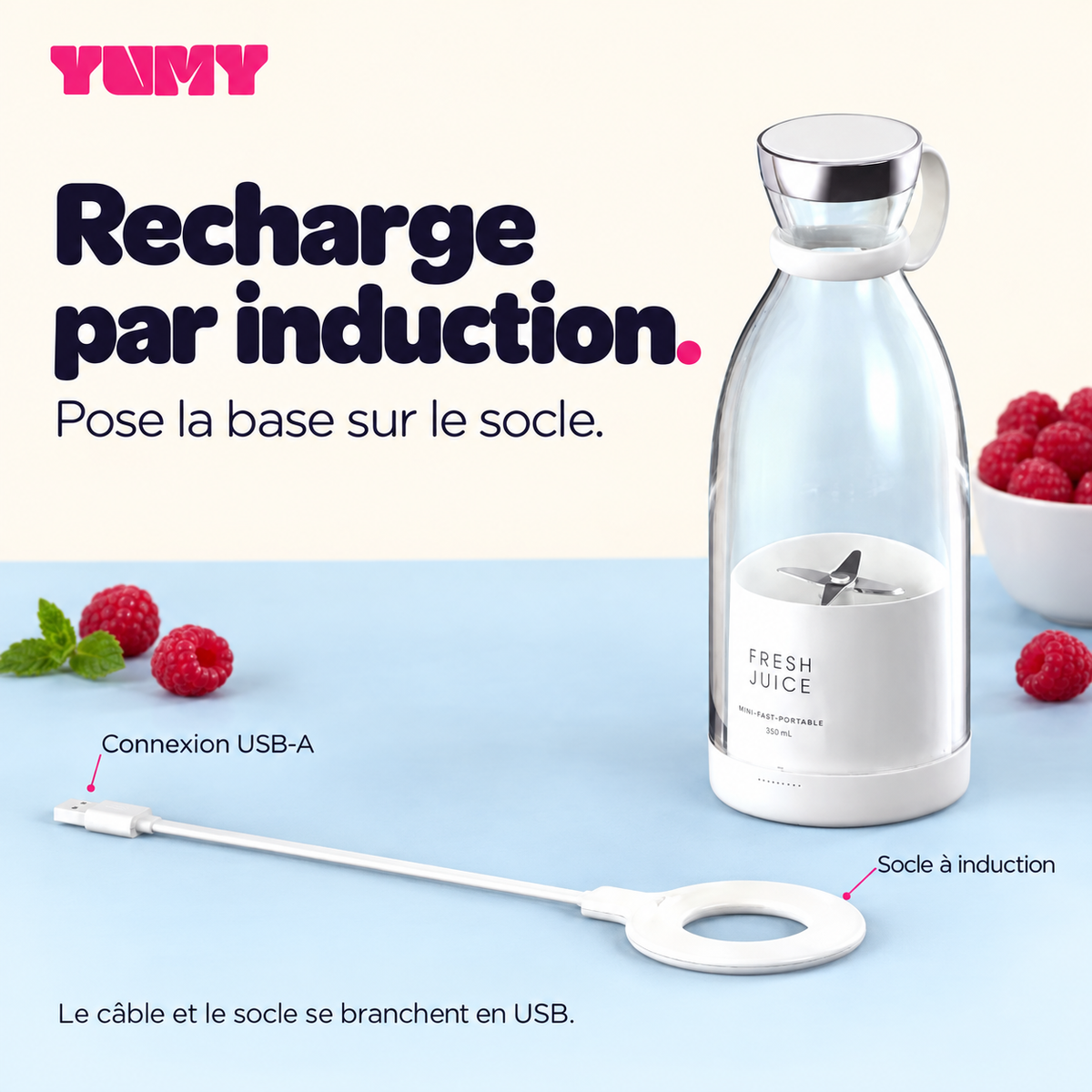 Blender Yumy blanc avec son socle de recharge et son câble USB-A.