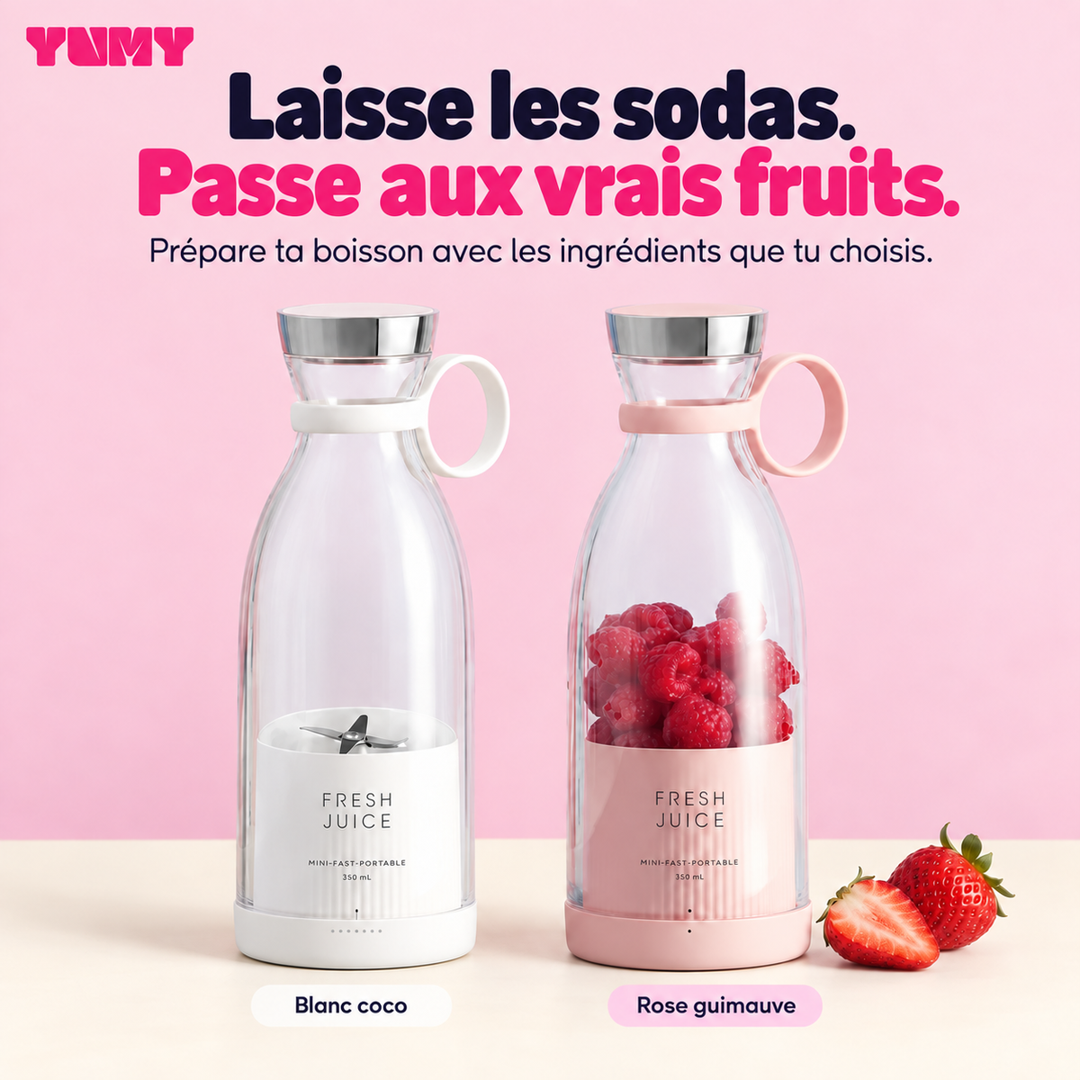 Blenders portables Yumy Blanc coco et Rose guimauve, avec des fruits rouges.