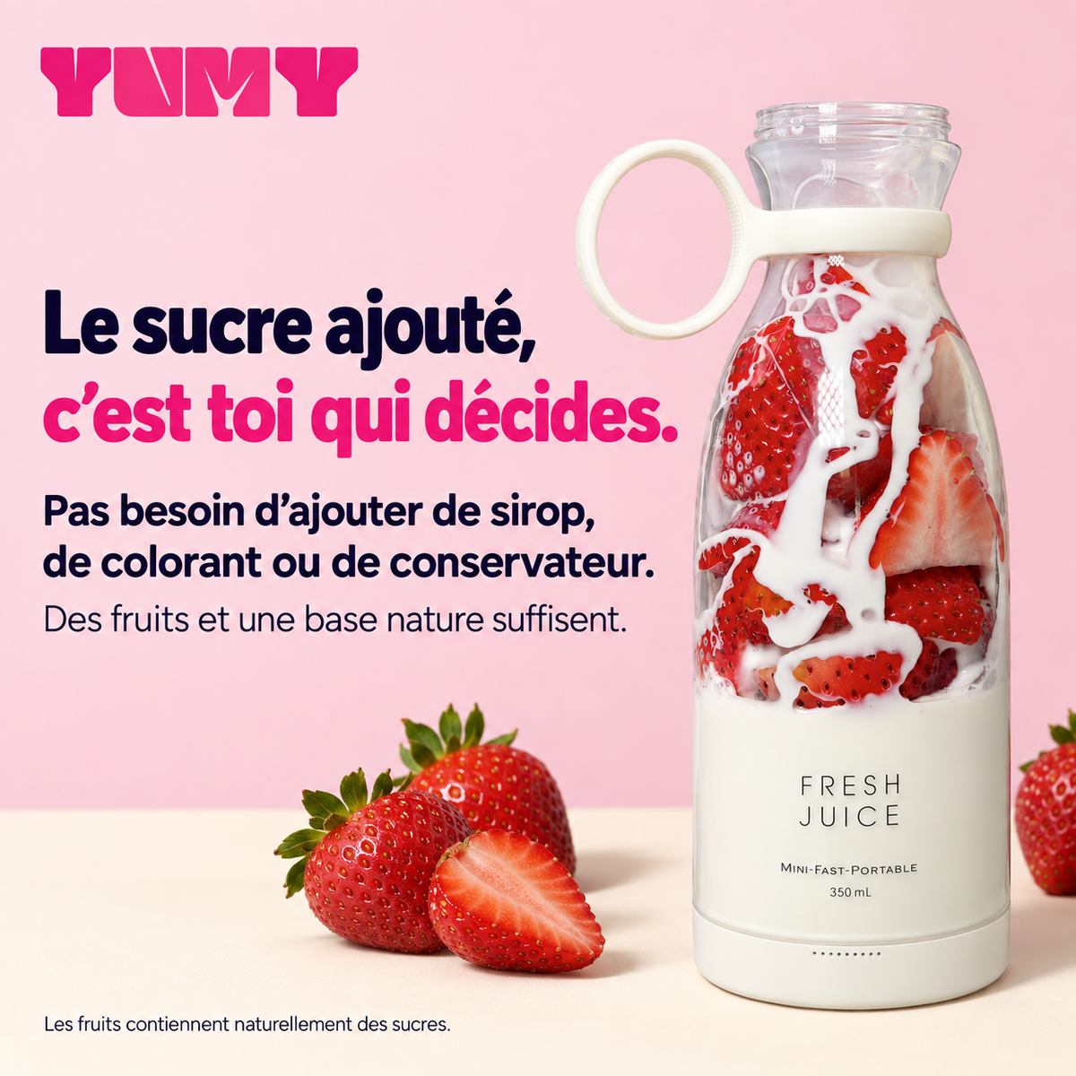 Gourde blender Yumy blanche contenant des fraises et une base liquide.