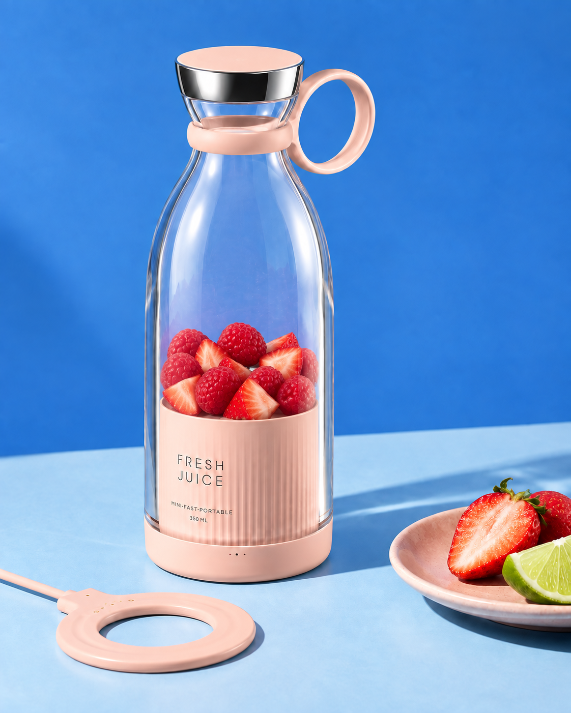 Blender portable Yumy rose et fruits dans le contenant.
