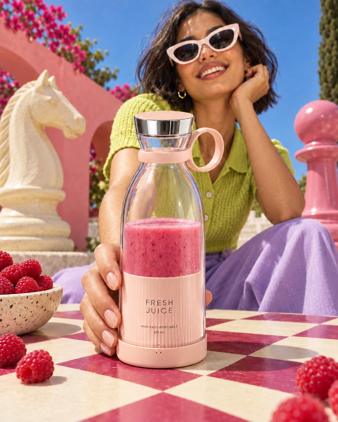 Mise en scène Yumy rose avec un smoothie aux fruits et une pause en terrasse.