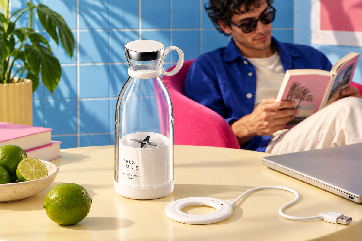 Blender portable Yumy rose et fruits dans le contenant.